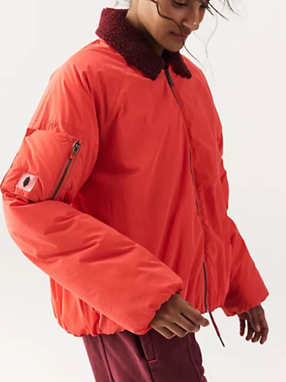 Free People Movement Outpost Bomber Jacket in Bright Red Nylon Oversized Medium
